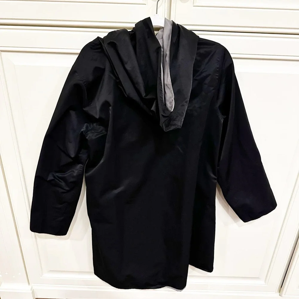 Eileen Fisher Women’s‎ Reversible Coat Jacket Black Grey Hooded Cotton Nylon